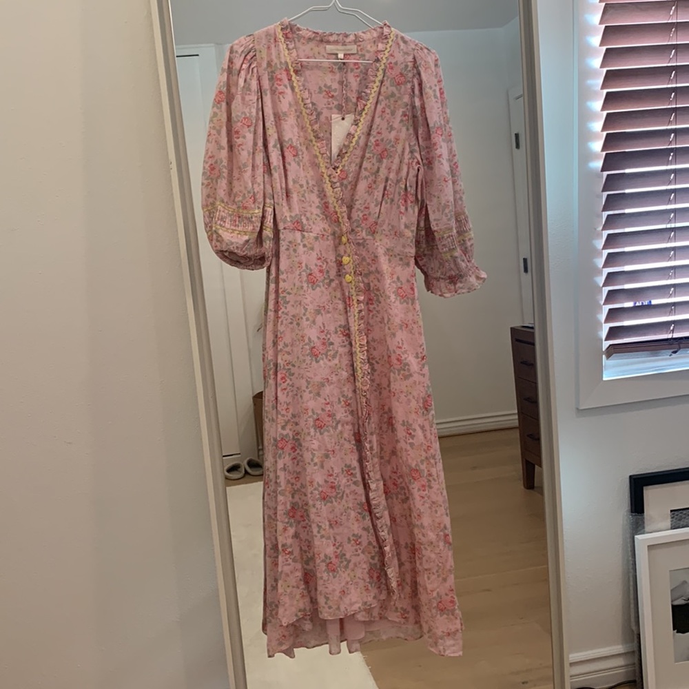 Women's Pink Floral Midi Dress - Soft Vintage-Inspired